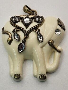 Large Vintage Elephant Pendant  Resin Cream Colored Rhinestone